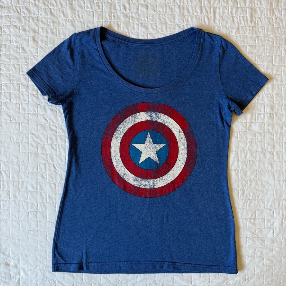 Captain America Shield T Shirt Graphic Tee‎ Women's Blue Top Marvel Comics
